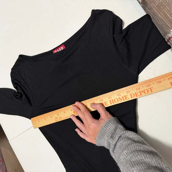 Staud Gres Midi Dress Black Ruched Slimming Long Sleeve Boat Neck Minimal Small - Picture 12 of 12